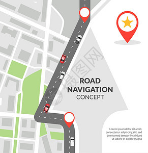 道路导航道路导航与城市与引脚道路与汽车平矢量插图图片