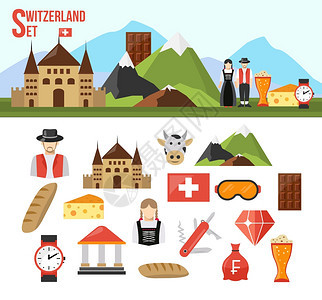 瑞士符号瑞士符号了平图标的食品钱人们矢量插图图片