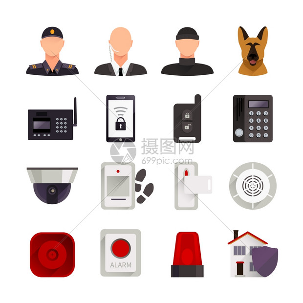 家庭安全图标家庭安全平装饰图标警卫狗摄像机数字电子系统的家庭保护隔离矢量插图图片