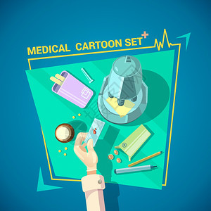 医生套装医生与血液测试药丸显微镜蓝色背景卡通矢量插图图片