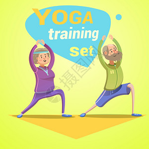 瑜伽复古漫画瑜伽复古卡通与快乐的老人制作锻炼矢量插图图片