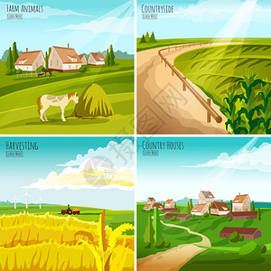 农村4平象形图方形成农村4平象形图成互动网页与作物收获农舍抽象孤立矢量插图图片