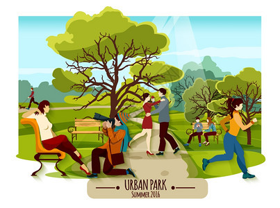 花园景观海报花园景观海报与树木,人行道人们放松长凳上跳舞运动平矢量插图背景图片