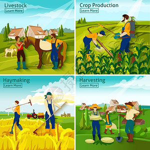 农业2x2理念农业2x2,农民忙于畜牧作物干草生产收获平矢量插图图片