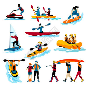 人们极限水运动颜色图标极限水上运动平颜色图标与人漂流冲浪皮划艇风帆孤立矢量插图图片