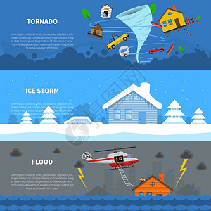 灾难3平横幅套自然灾害3平水平横幅冻结雨冰风暴龙卷风抽象孤立矢量插图背景图片