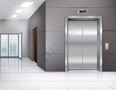 大厅电梯办公楼大厅闪亮的地板金属铬电梯门逼真的矢量插图图片