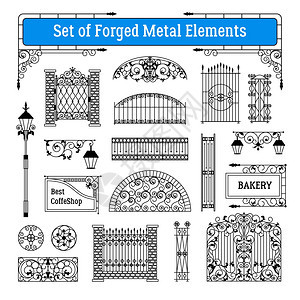 锻造金属元素集锻造金属元素黑白与大门路灯平隔离矢量插图图片