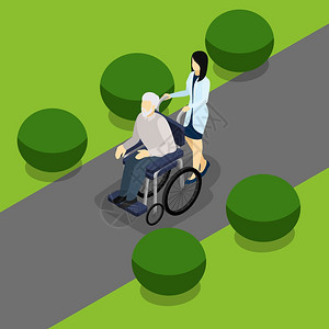 残疾人退休生活等距横幅老退休残疾人支持服务等距横幅与老人轮椅抽象矢量插图图片