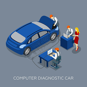 自动服务计算机诊断等距横幅汽车服务计算机汽车诊断等距横幅与机械队客户抽象矢量插图图片