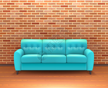 砖墙内部与沙发逼真现代室内砖墙家居装饰理念与充满活力的绿松石皮革沙发现实矢量插图图片