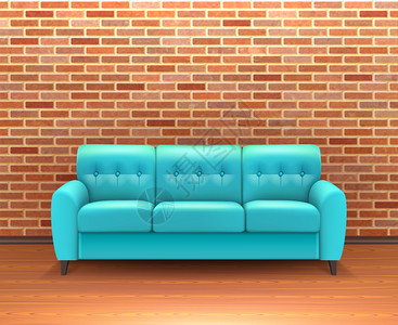 砖墙内部与沙发逼真现代室内砖墙家居装饰理念与充满活力的绿松石皮革沙发现实矢量插图图片
