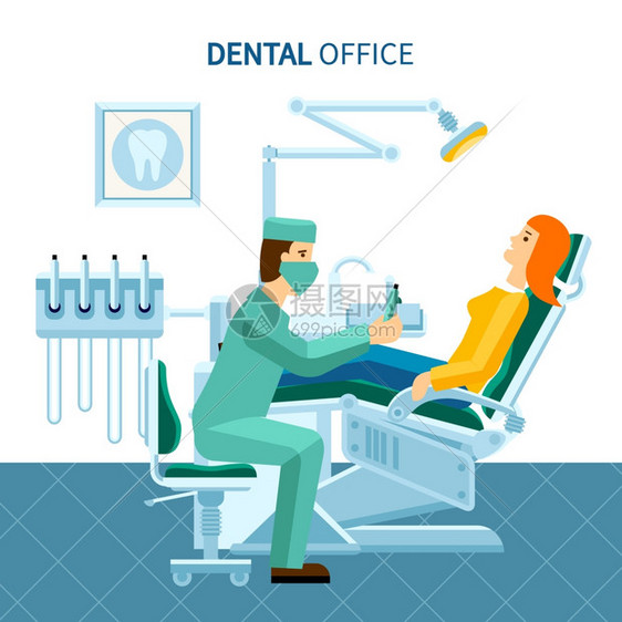 牙科办公室海报牙科办公室的病人牙科椅医生工作平海报矢量插图图片