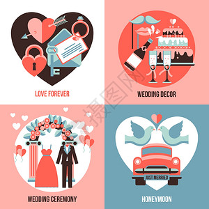 婚礼2x2图像集爱永远蜜月婚礼婚礼装饰抽象构图平2x2矢量插图图片