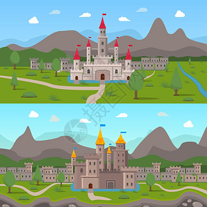 中世纪古城堡作文两个水平的卡通作品与中世纪古代城堡堡垒墙与漏洞的山脉背景平矢量插图图片