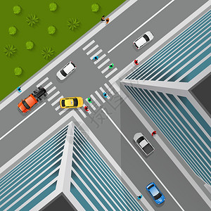 城市十字路口的顶景城市交叉路的顶部视图三维与汽车行人卡车商业区矢量插图图片