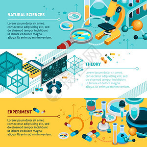 科学横幅科学等距水平横幅实验理论符号孤立矢量插图背景图片