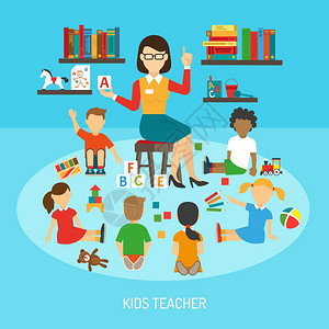 儿童教师海报幼儿园海报的儿童教师游戏室解释字母表周围的儿童她的平矢量插图图片
