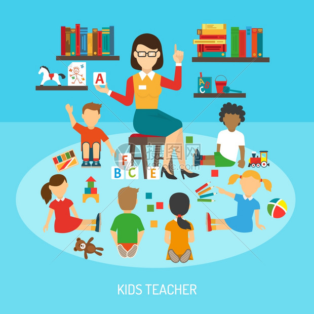 儿童教师海报幼儿园海报的儿童教师游戏室解释字母表周围的儿童她的平矢量插图图片