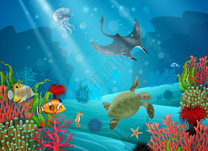 水下卡通景观水下卡通景观与各种海洋动植物矢量插图图片