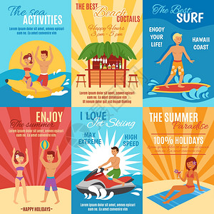 海滩海报套装暑假海滩度假迷你海报集运动休闲活动孤立矢量插图图片