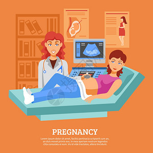 怀孕超声检查海报海报与孕妇躺沙发上超声检查矢量插图图片