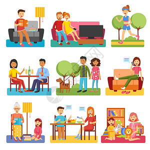家庭平图标家庭平风格的人数字网站图标集父母,子女夫妇图标集孤立矢量插图收集图片