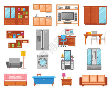 家具隔离图标集为房间浴室厨房矢量插图同类型的室内家具图标图片
