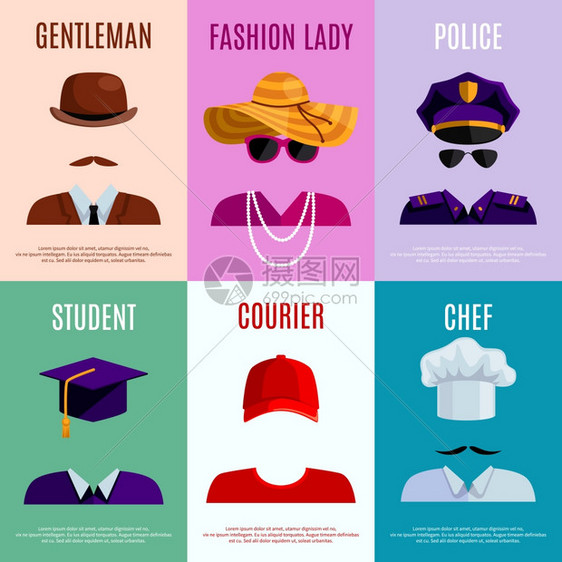 带帽子的迷你海报平迷你海报套绅士女警学生快递厨师帽配件矢量插图图片