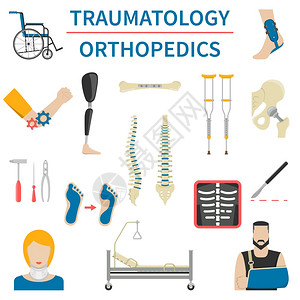 创伤骨科图标扁平创伤骨科图标与患者医疗器械假体其他骨创伤分离矢量插图图片