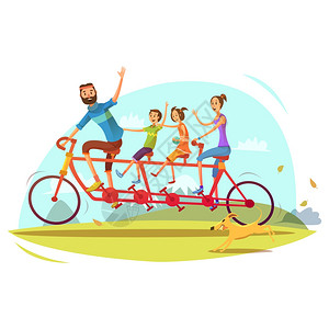 家庭自行车卡通插图家庭自行车卡通与父母儿子女儿矢量插图图片