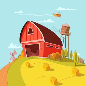 农场建筑卡通背景农场建筑卡通背景与田野谷物干草矢量插图图片