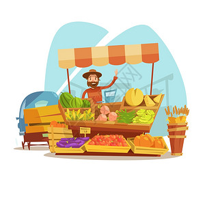 市场卡通市场卡通与农民销售蔬菜水果矢量插图图片