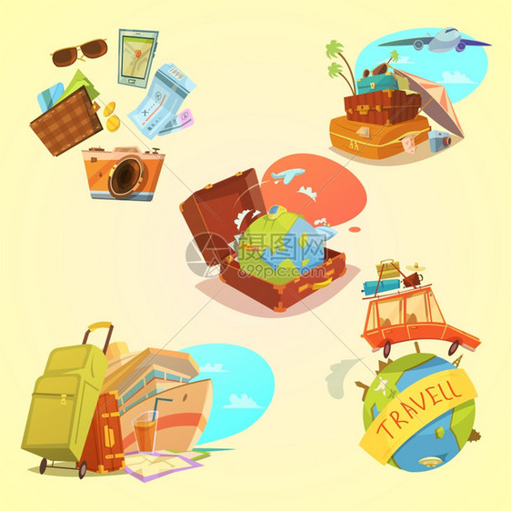 旅行卡通集旅行卡通集与行李运输符号黄色背景孤立矢量插图图片