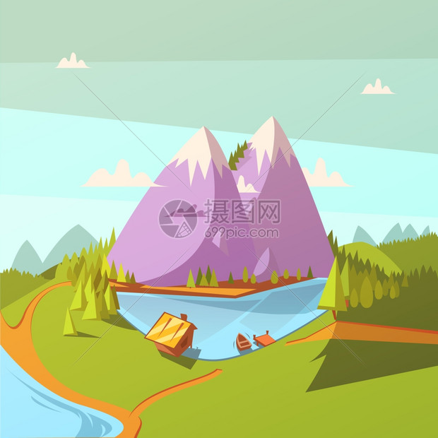 湖底徒步旅行徒步旅行湖卡通背景与森林船房屋矢量插图