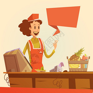 女售货员复古插图女售货员支付台复古背景与篮子食品卡通矢量插图图片
