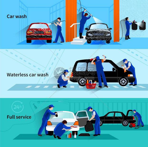 洗车服务3平横幅全服务洗车与服务员队清洗车辆3平横幅抽象矢量孤立插图图片