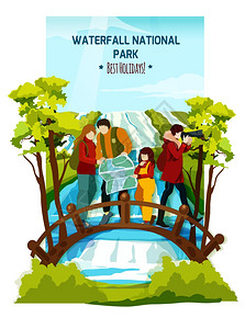 瀑布景观海报平彩色海报与游客家庭木桥上的河流瀑布景观背景矢量插图图片
