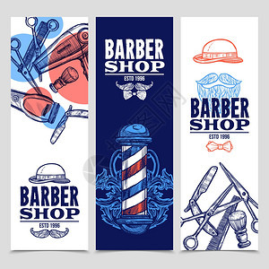 理发店3个垂直横幅套理发店3垂直平横幅胡须胡子标志工具红色蓝色抽象矢量插图图片