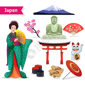 日本女人日本旅游套装日本旅游集女服福吉猫象征宗教孤立矢量插图插画