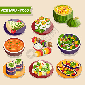 素食套餐素食菜肴与新鲜蔬菜食品分离矢量插图背景图片