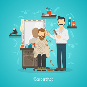 理发店彩色插图彩色插图描绘理发师理发店切割客户矢量插图图片
