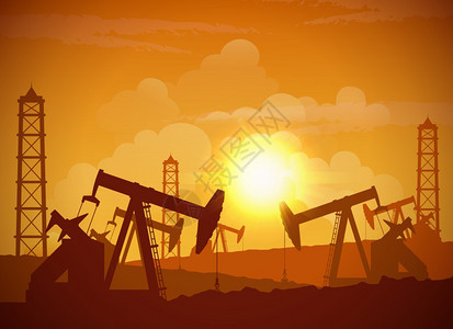 油田海报油田井架工业机的轮廓,用于日落背景矢量图上钻井图片
