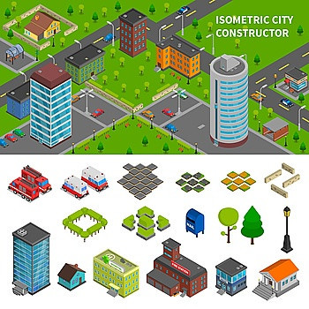 城市建设者等距横幅城市建设者等距横幅与顶部景观城镇成城市基础设施矢量插图的要素图片