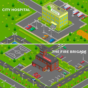 医院消防站等距横幅城市建设者横幅收集医院消防站等距顶视矢量插图图片