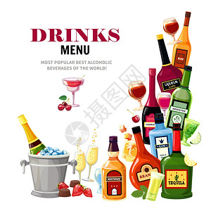 酒精饮料菜单平海报酒精饮料五颜六色的成餐厅酒吧饮料菜单平海报打印与龙舌兰镜头矢量插图图片