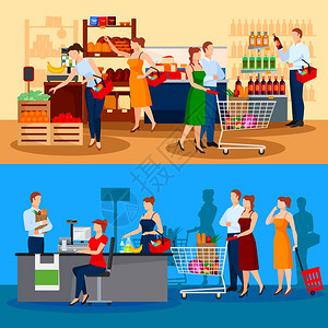 超市成分的客户顾客的超市作文与选择的产品排队收银员矢量插图图片