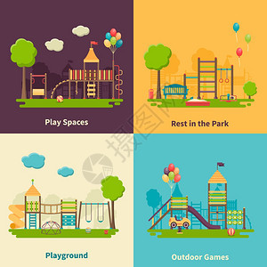 操场平彩色平构图2x2描绘同的户外游乐场游戏休息公园游戏矢量插图背景图片