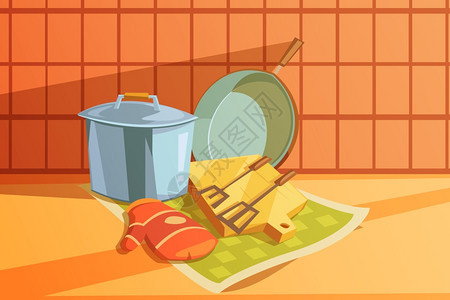 厨房用具插图厨房用具与平底锅砧板煎锅卡通矢量插图图片
