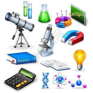 科学现实图标科学写实图标显微镜计算器,望远镜,磁铁模型的物质分子矢量插图图片